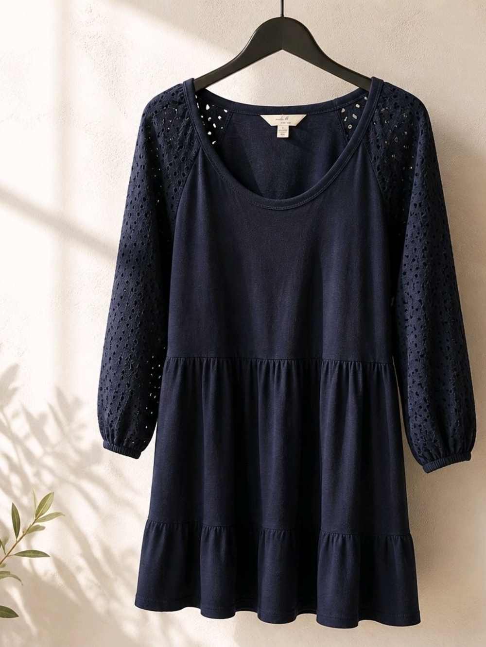 Time and Tru Navy Eyelet-Sleeve Tiered Midi Dress